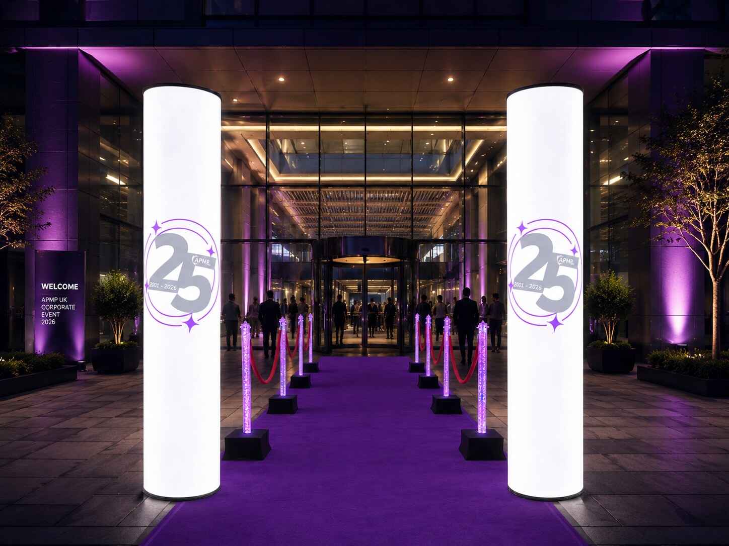 APM UK 25th anniversary corporate event entrance pillars