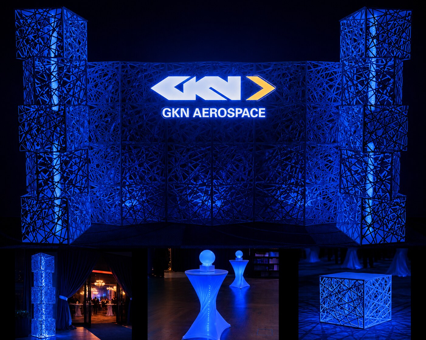 GKN Aerospace blue geometric photo wall backdrop