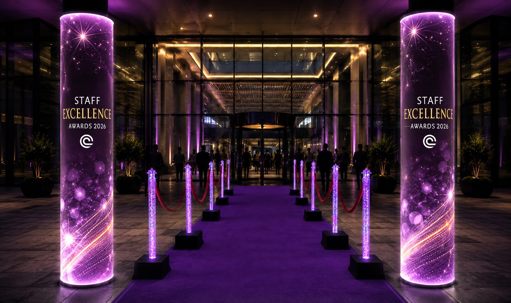 Staff Excellence Awards purple entrance pillars, Clatterbridge NHS
