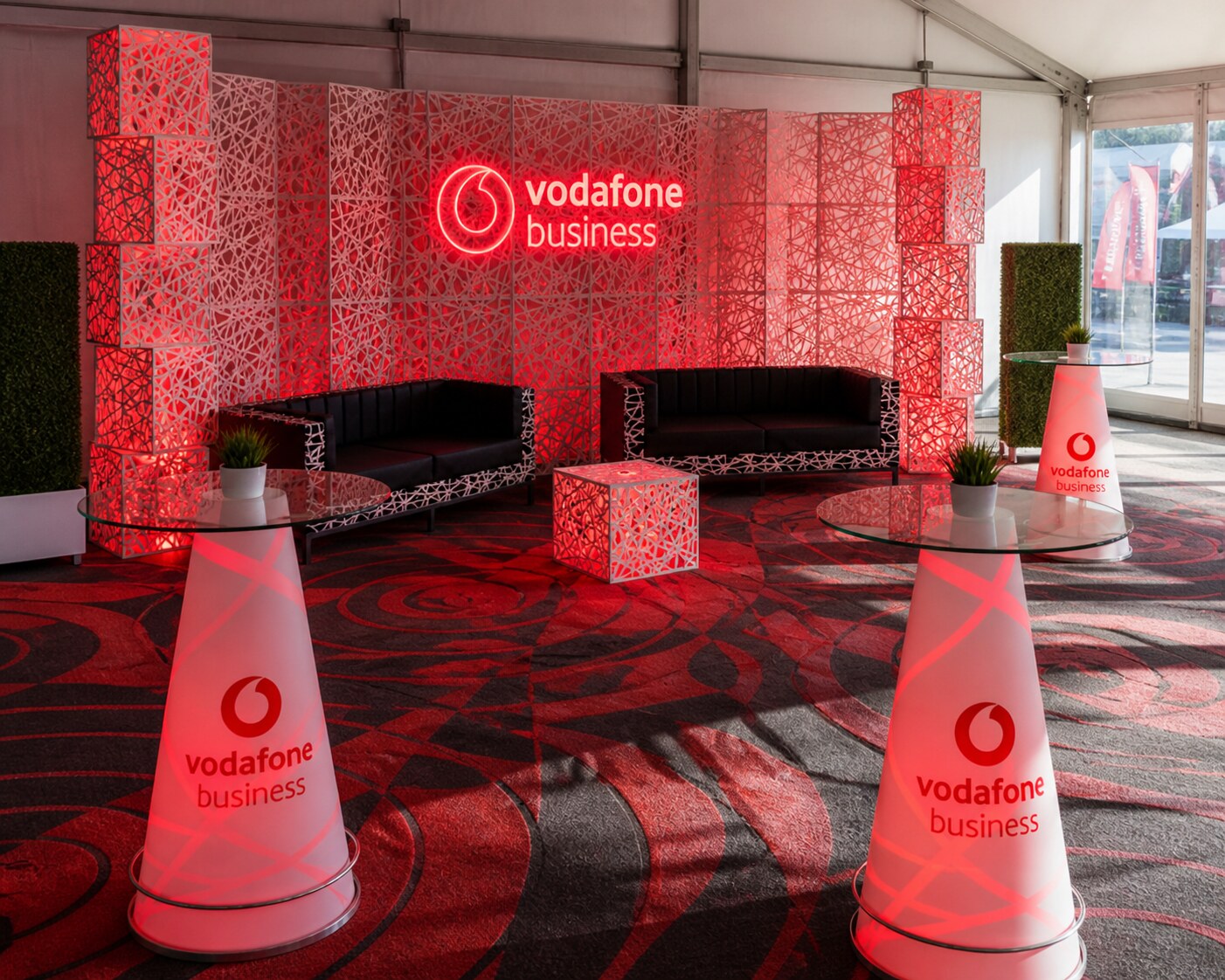 Vodafone Business red VIP lounge with laser-cut panels