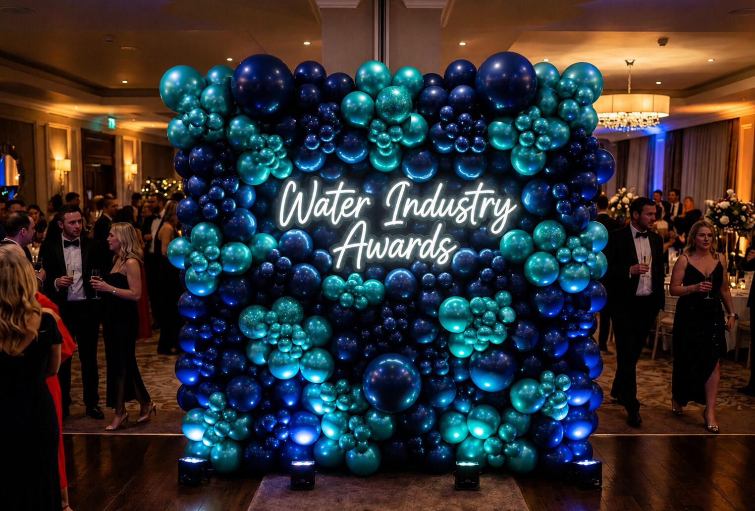 Teal and blue balloon photo wall branded for the Water Industry Awards