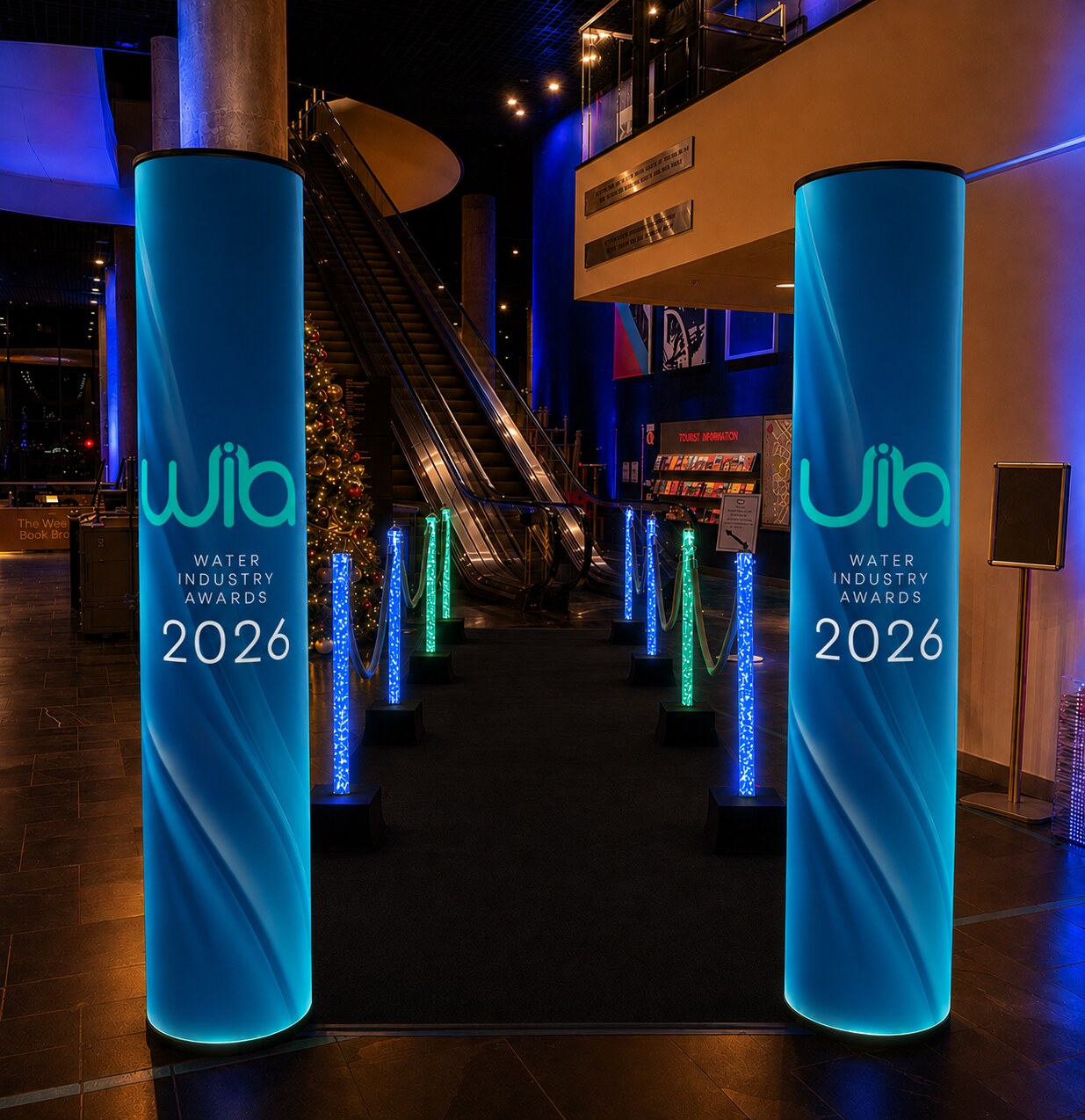 Illuminated WIA — Water Industry Awards 2026 branded entrance pillars